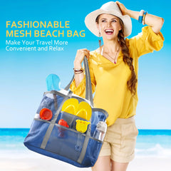 Large Mesh Beach Tote Bag for Family - Blue